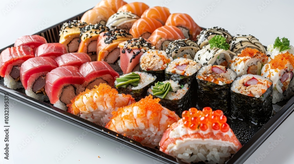 Artfully arranged sushi rolls and sashimi on a sleek black plate, set against a crisp white background