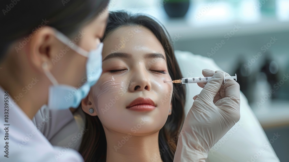 Naklejka premium Asian girl at a beauty clinic receiving cosmetic surgery for skin whitening and rejuvenation, achieving a youthful appearance