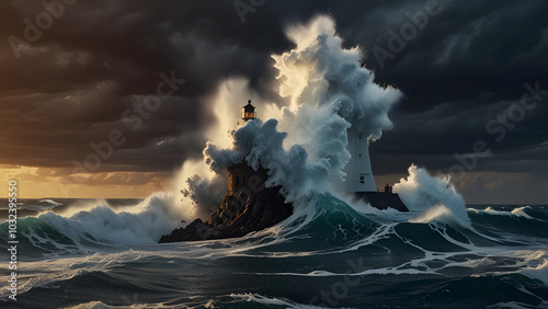 Lighthouse on the island, huge wave, dark, black leaden clouds, swirl of cirrus clouds with glow and sparks