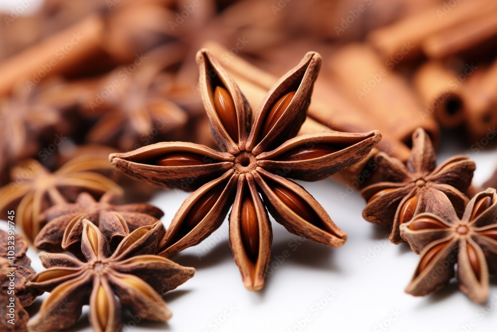 A macro shot focusing on the texture of cinnamon sticks and the intricate details of star anise on a plain white background A macro shot focusing on the texture of cinnamon sticks and the intricate details of star anise on a plain white background