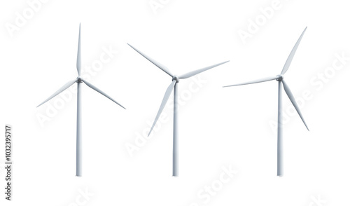 Windmills or wind turbines isolated on transparent PNG or white background. sustainable, renewable electricity, energy concept.