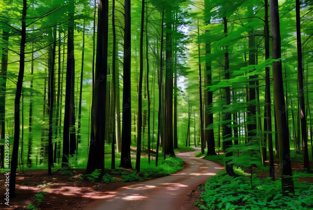 Fototapeta premium Forest Path A winding path through a dense forest with tall tree