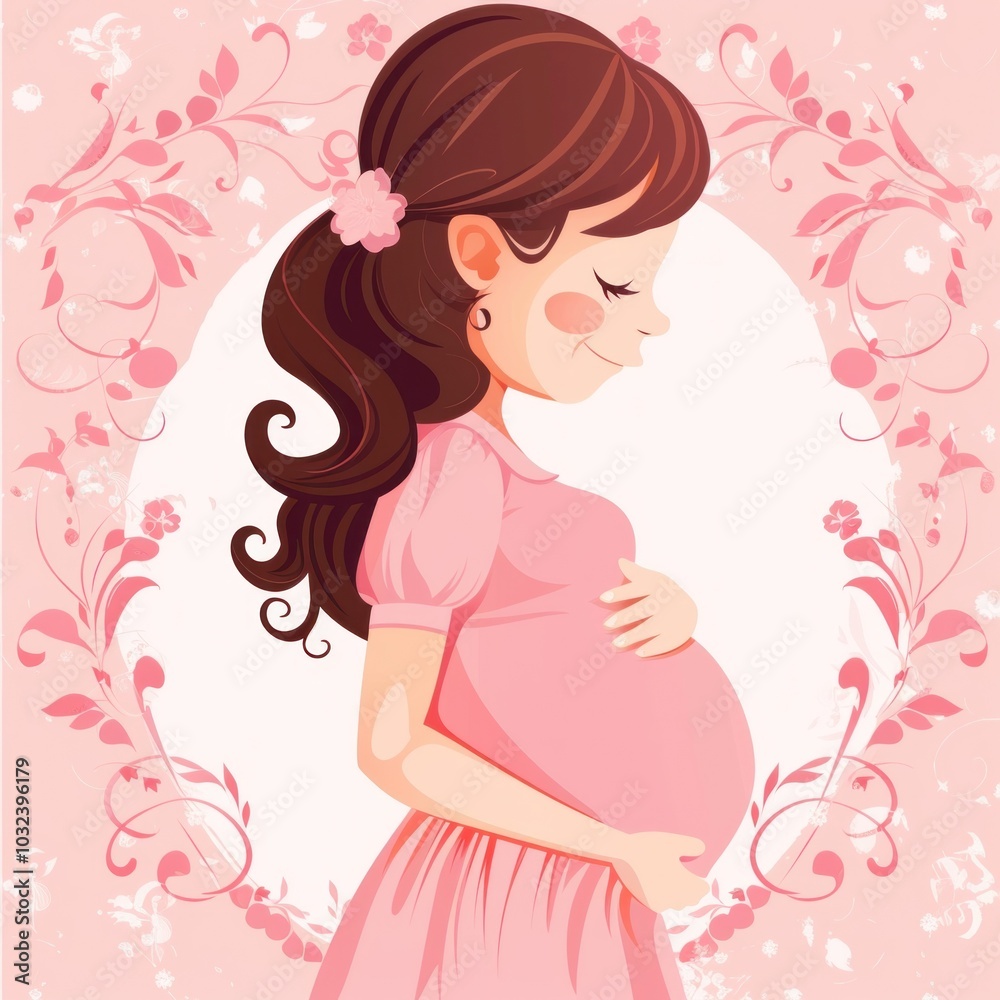 Illustration of a pregnant woman in pink dress with floral background Illustration of a pregnant woman in pink dress with floral background