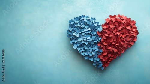 A heart crafted from vibrant red and blue paper petals is centered on a soft light blue background. The intricate arrangement creates a striking visual, symbolizing love and unity with a creative flai