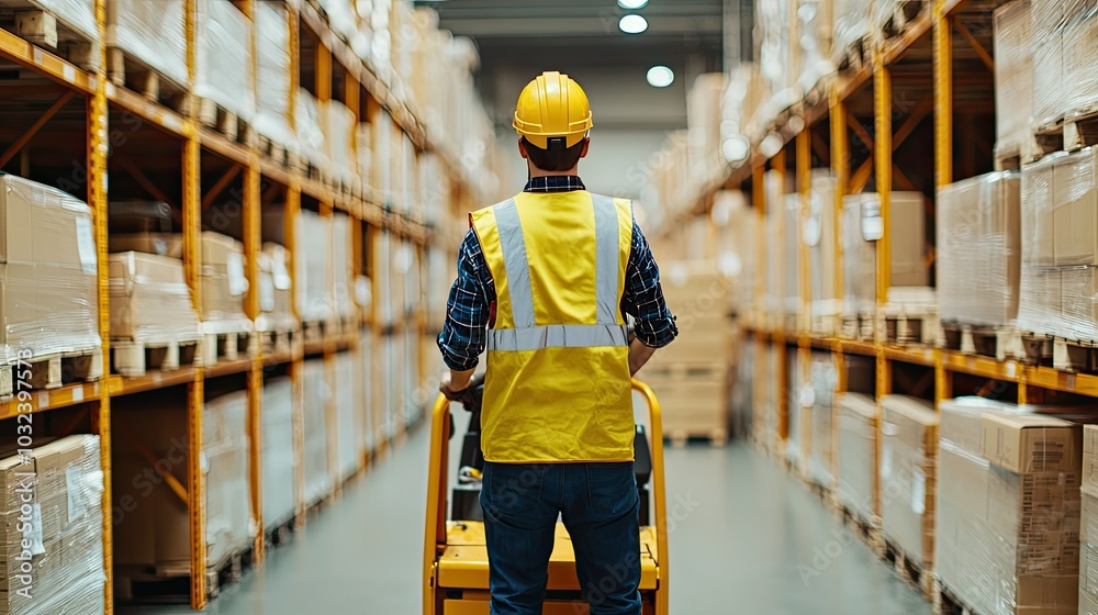 Warehouse worker with trolley, shelves in background Warehouse worker with trolley, shelves in background