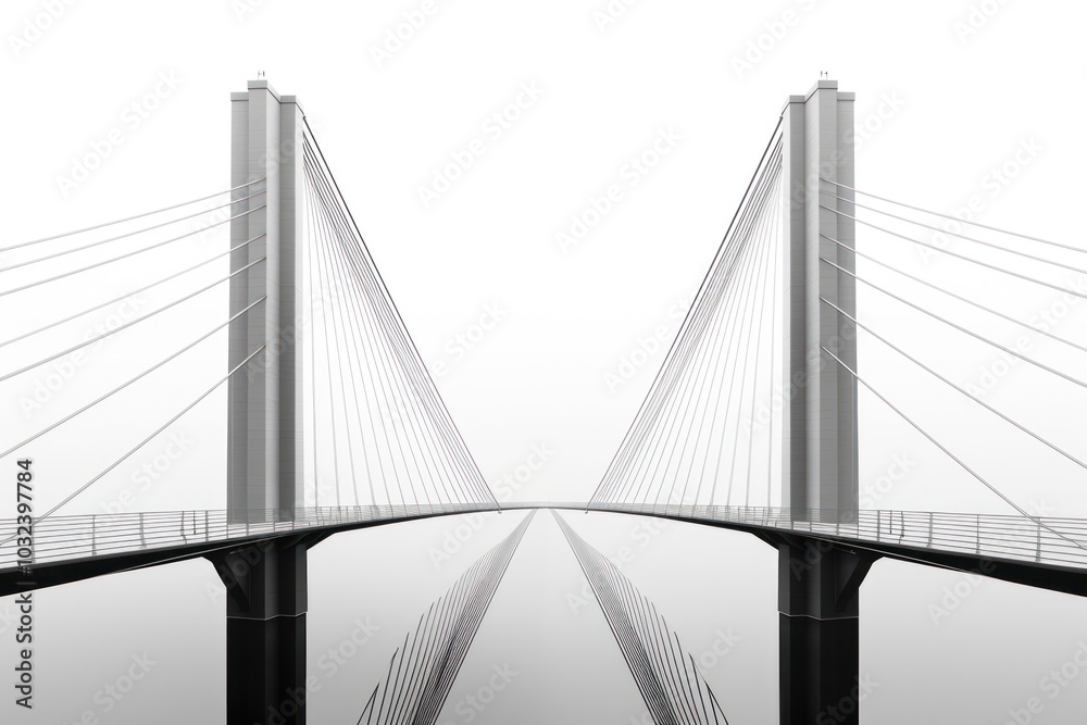 Fototapeta premium A suspension bridge with sleek cables stretching between two tall towers, minimalistic design against a plain white background