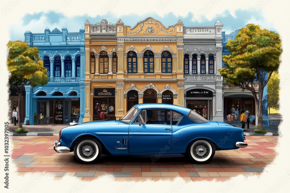 Fototapeta premium Old-school Singapore street scene, drawn with faded colors and nostalgic details