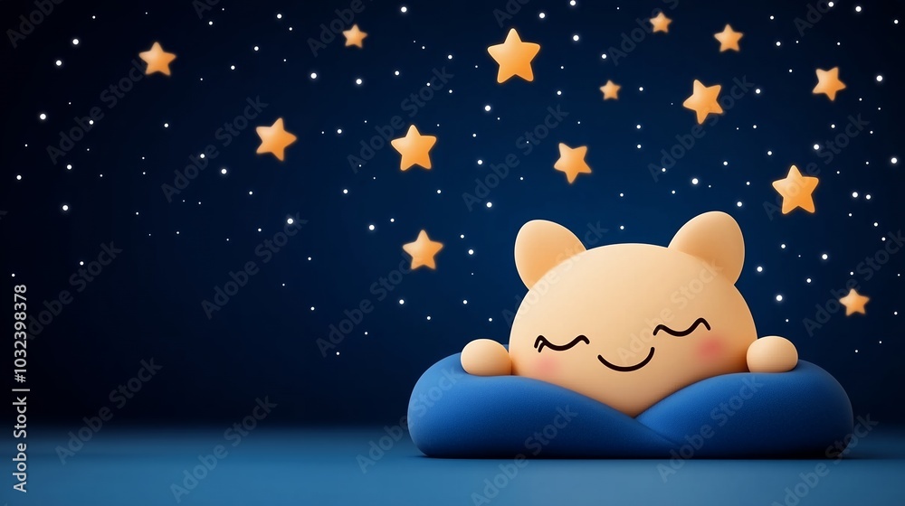 Fototapeta premium A cartoon bear is sleeping on a blue pillow with stars in the background. The image has a calming and peaceful mood, as the bear is resting in a comfortable and cozy setting