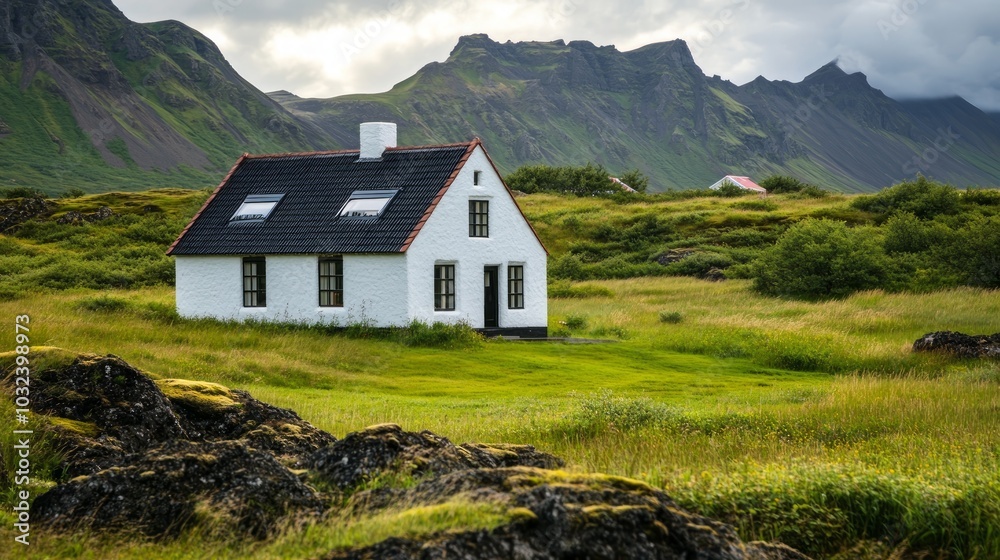A picturesque white house surrounded by lush green fields and mountains in a serene landscape. A picturesque white house surrounded by lush green fields and mountains in a serene landscape.