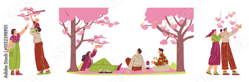 A spring vector collection with family, friends and a young couple celebrating the cherry blossom