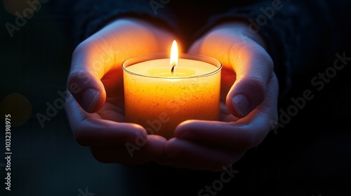 Under the soft glow of twilight, a person cradles a beautifully lit candle, radiating warmth and tranquility. The scene captures a peaceful moment, inviting reflection and serenity during a gentle eve