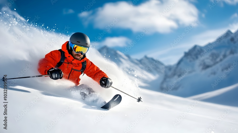 Skier Gracefully Gliding Down a Snowy Mountain Slope Surrounded by Fresh Powdery Snow in a Peaceful Wintry Landscape Skier Gracefully Gliding Down a Snowy Mountain Slope Surrounded by Fresh Powdery Snow in a Peaceful Wintry Landscape