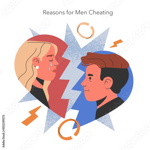 Reasons For Men Cheating. Flat Vector Illustration