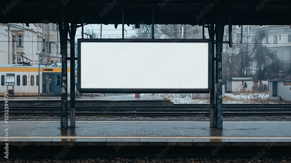 a blank white billboard at the train station. a blank white billboard at the train station.