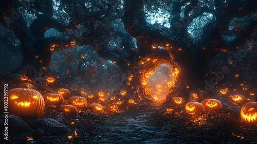 dark forest path lit by halloween jack o lanterns