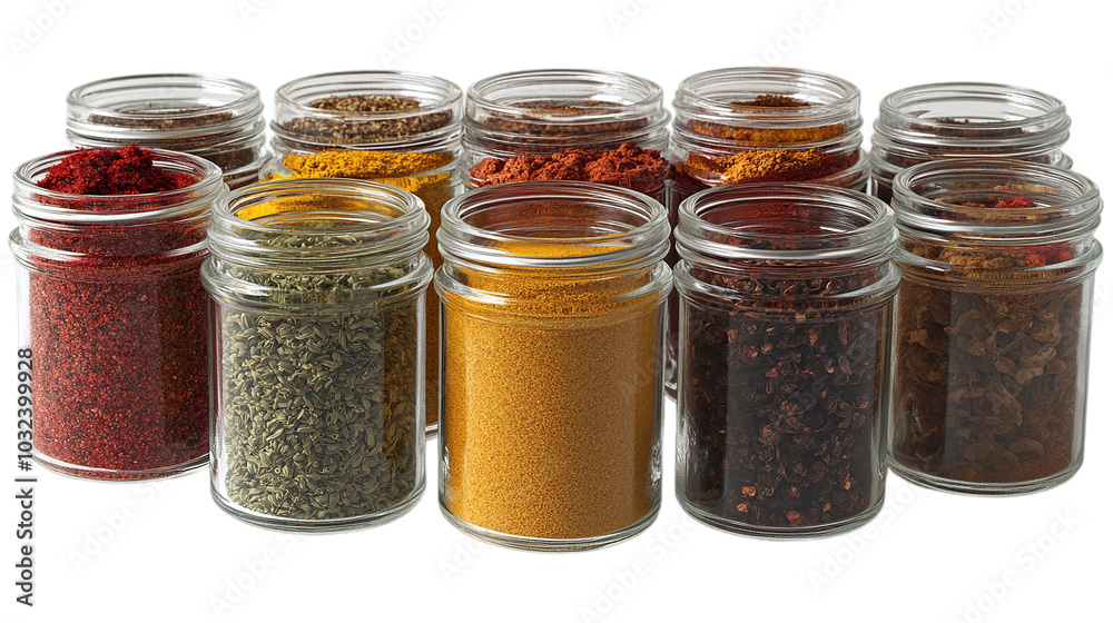 A collection of various spices in glass jars. A collection of various spices in glass jars.
