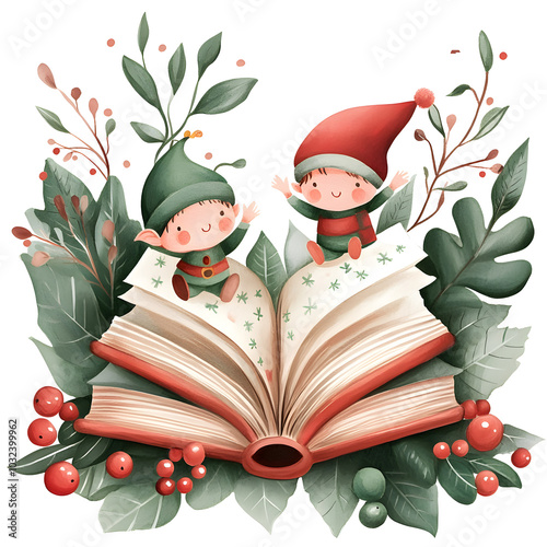 Two little elves are sitting on a book, one of them is smiling