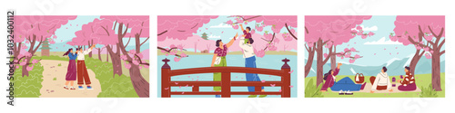 People enjoying landscape of Japanese cherry blossom, Sakura flower park, mountain, picnic at Hanami festival vector set