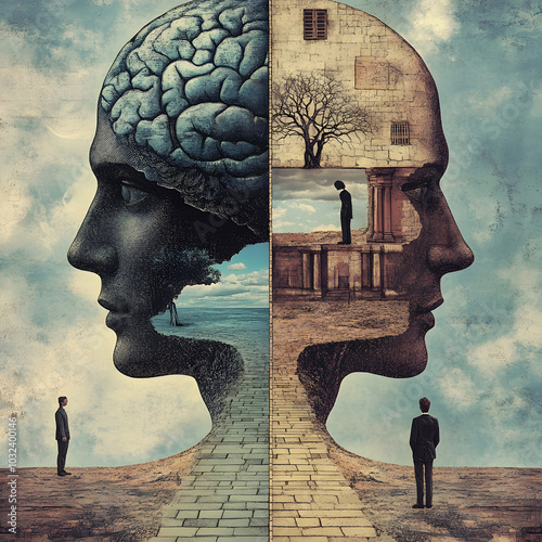 Surreal conceptual art of human mind, psychology, duality, intelligence, creativity, abstract brain illustration, deep thought, self-reflection, philosophical symbolism

