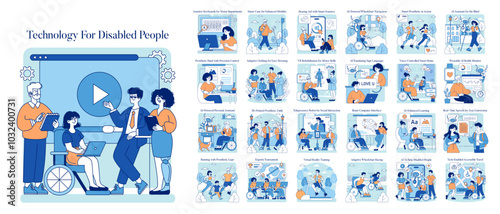 Technology For Disabled People. Flat Vector Illustration
