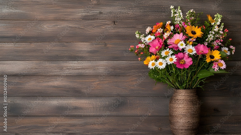 A beautifully arranged bouquet of vibrant colorful wildflowers in a rustic weathered vase set against a warm wooden background  This floral arrangement creates a serene natural and charming ambiance