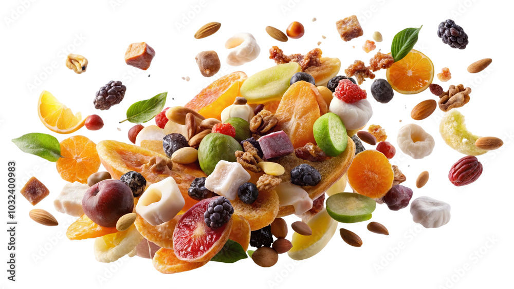 Tropical Dried Fruits and Exotic Nuts in Mid-Air on Blue Background, isolated on a plain background, highlighting healthy snack options Tropical Dried Fruits and Exotic Nuts in Mid-Air on Blue Background, isolated on a plain background, highlighting healthy snack options