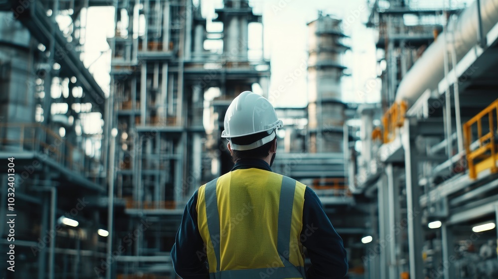 Engineer inspecting in industrial oil refinery, stand with back Industry 4.0 concept, Background blurred concept Engineer inspecting in industrial oil refinery, stand with back Industry 4.0 concept, Background blurred concept