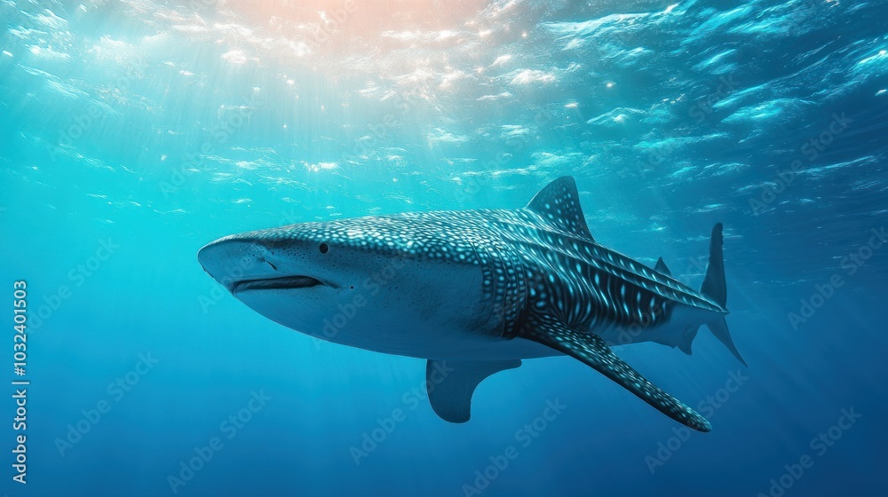 Fototapeta premium A Whale Shark Swimming in the Deep Blue Ocean