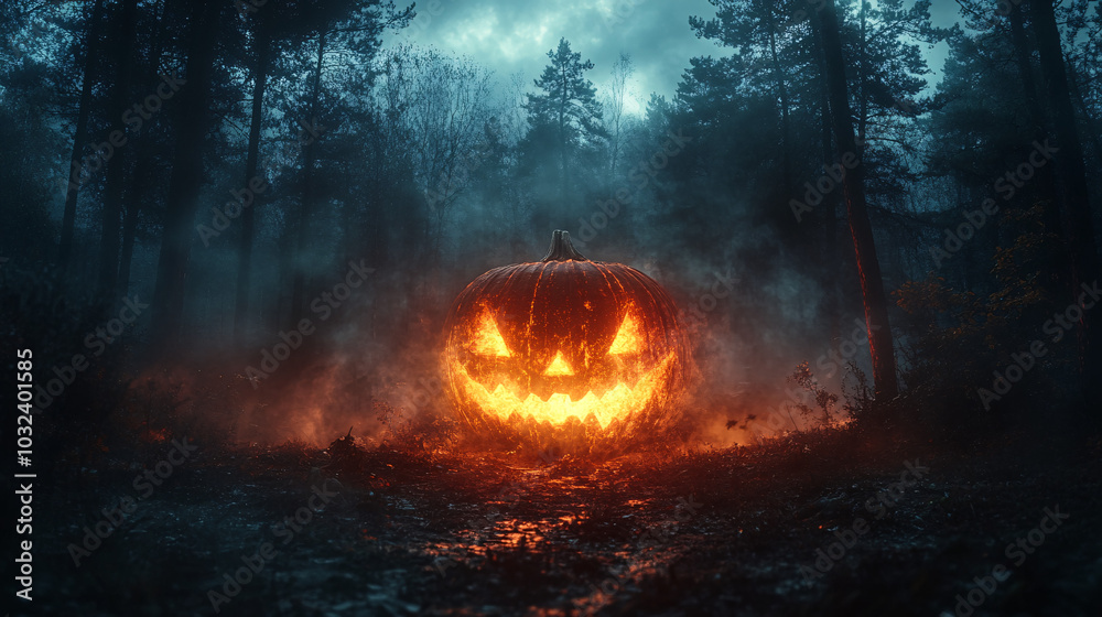 spooky glowing jack-o-lantern in a foggy forest at night