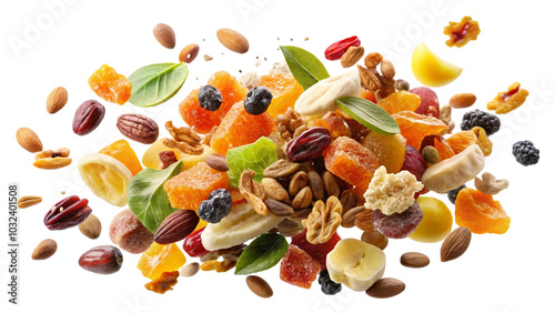 Tropical Dried Fruits and Exotic Nuts in Mid-Air on Blue Background, isolated on a plain background, highlighting healthy snack options