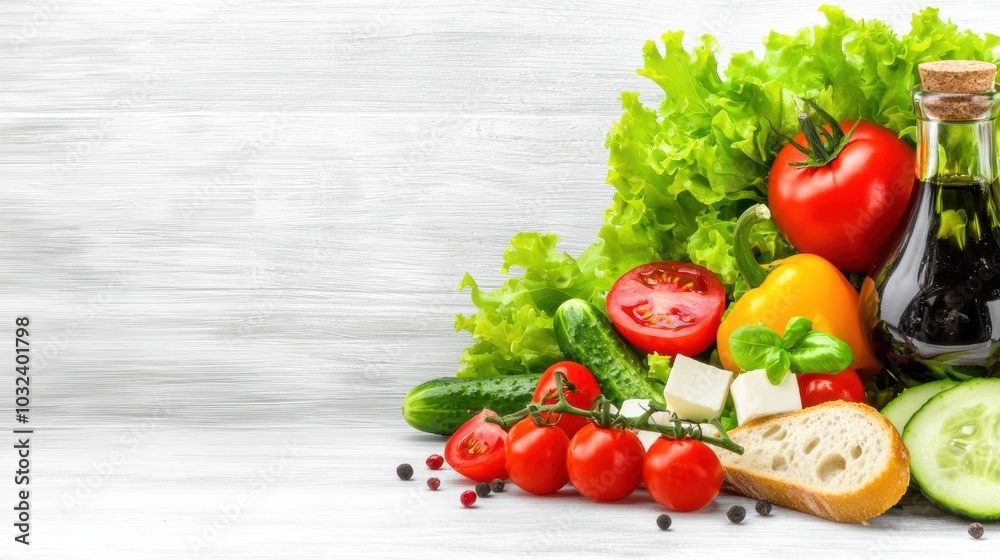 Fresh Vegetables and Olive Oil on Wooden Surface Fresh Vegetables and Olive Oil on Wooden Surface