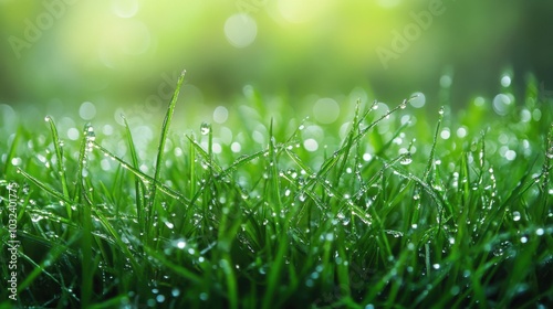 Dew covered grass with sunlight shining through the leaves