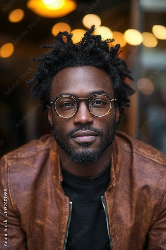 A young man sits confidently in a cafe, sporting glasses and a stylish brown jacket. The warm ambient lighting creates a relaxed atmosphere, highlighting his thoughtful expression and trendy hairstyle A young man sits confidently in a cafe, sporting glasses and a stylish brown jacket. The warm ambient lighting creates a relaxed atmosphere, highlighting his thoughtful expression and trendy hairstyle