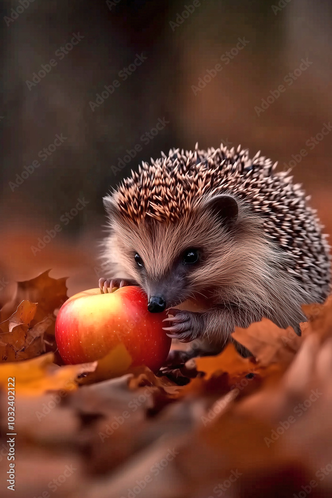 Fototapeta premium Hedgehog brown spines, tiny paws grasping red apple among orange autumn leaves.