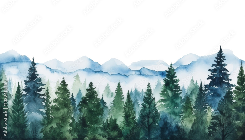 Fototapeta premium mountain landscape with fog watercolor isolated on transparent background cutout