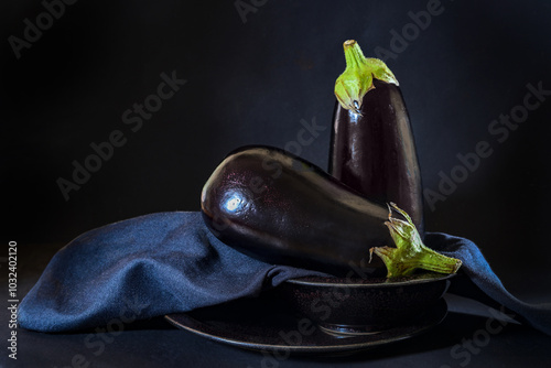 Two raw eggplants (Solanum melongena) elegant arranged on a blue napkin in a bowl against a dark background, healthy vegetable ingredient for cooking a vegetarian meal, copy space photo