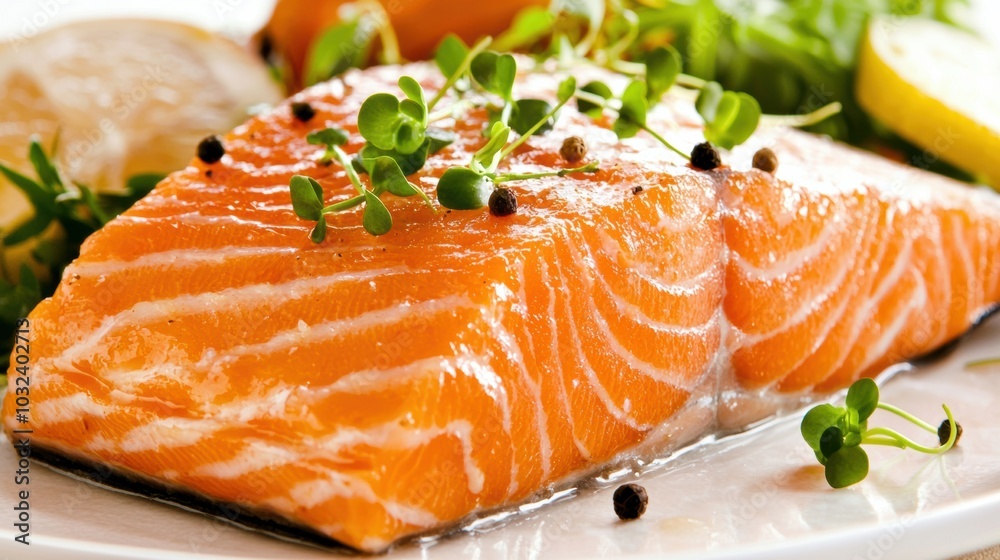 Fresh Salmon Fillet with Lemon and Greens on Plate Fresh Salmon Fillet with Lemon and Greens on Plate