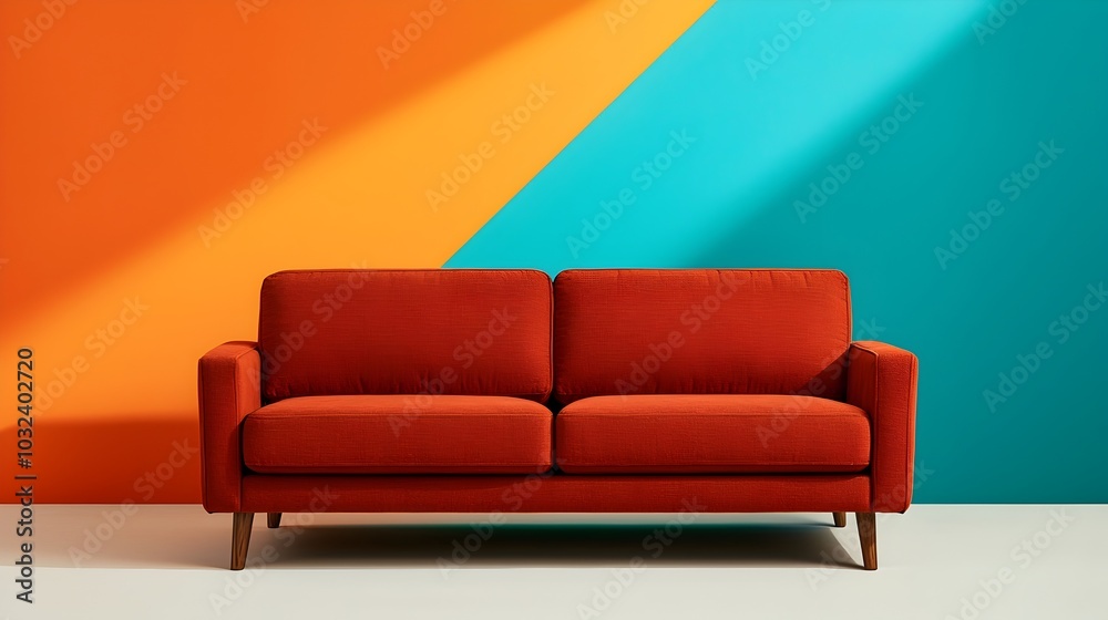 Minimalist and Modern Living Room Design with Plush Terra Cotta Sofa Vibrant Orange and Turquoise Accent Wall Clean Geometric Lines and Soft Diffused Sunlight Minimalist and Modern Living Room Design with Plush Terra Cotta Sofa Vibrant Orange and Turquoise Accent Wall Clean Geometric Lines and Soft Diffused Sunlight