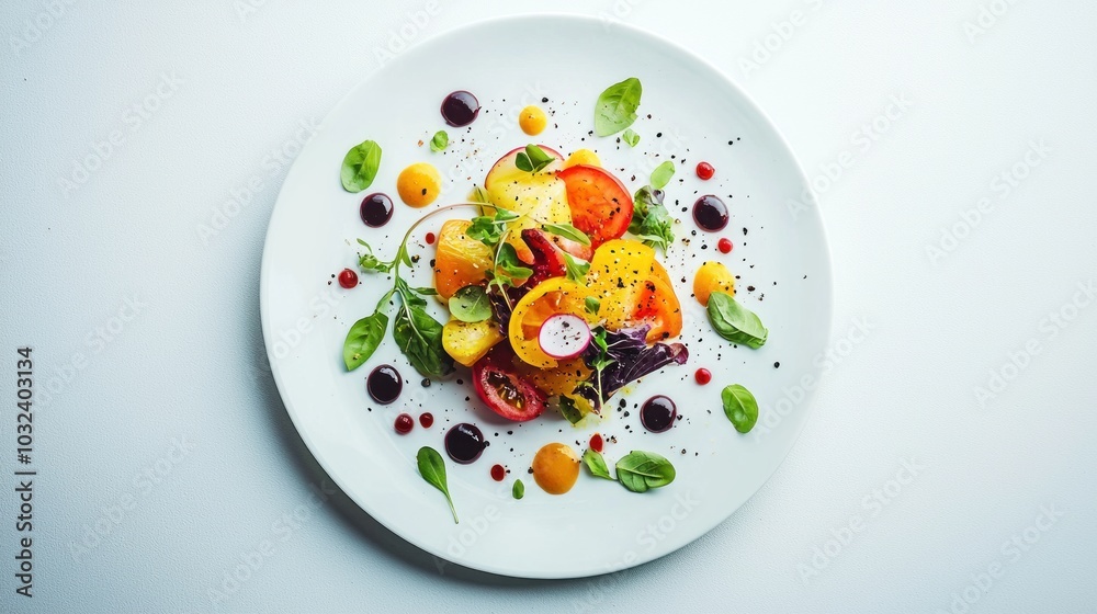A beautifully arranged plate of food with vibrant colors, placed on a clean, white table A beautifully arranged plate of food with vibrant colors, placed on a clean, white table