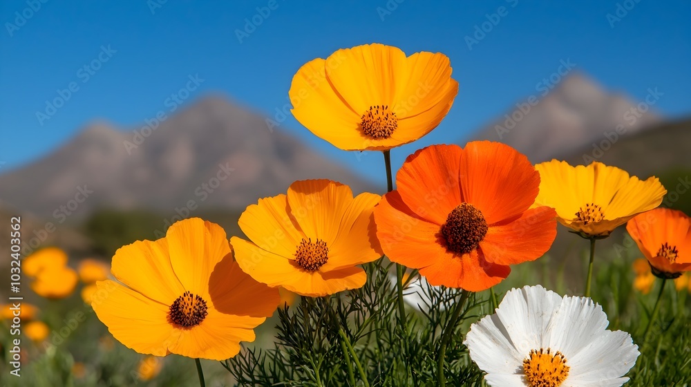 Stunning landscape of a lush spring meadow filled with a vibrant array of blooming flowers surrounded by distant mountains under a clear blue sky This idyllic Stunning landscape of a lush spring meadow filled with a vibrant array of blooming flowers surrounded by distant mountains under a clear blue sky This idyllic
