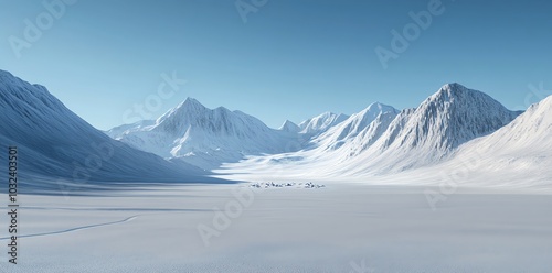 A vast snowy landscape with snow-capped mountains and a clear blue sky, with a thin trail leading into the distance, creating a sense of mystery and adventure.