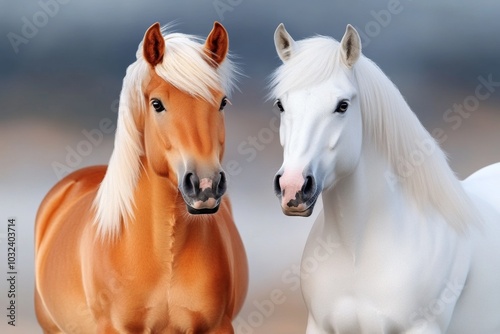 Soft watercolor of Icelandic horses, standing in a misty field