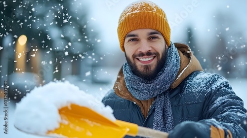 A person bundled up in a thick winter coat and scarf shoveling snow from the sidewalk during a heavy snowfall