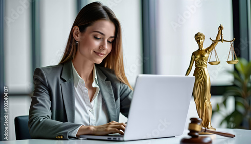 A confident young lawyer working on her laptop in a modern office, with a statue of Lady Justice nearby. Ideal for legal services, law firm promotions, and professional branding