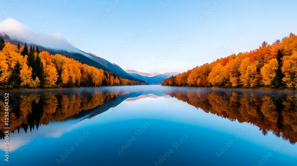 Tranquil autumn lake reflecting the vibrant foliage of the surrounding forest with a soft morning mist gently settling over the still waters creating a peaceful and atmospheric landscape Tranquil autumn lake reflecting the vibrant foliage of the surrounding forest with a soft morning mist gently settling over the still waters creating a peaceful and atmospheric landscape