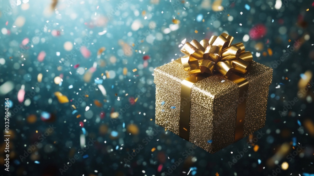 Golden gift box with bow, floating amidst falling confetti. Celebration and gift-giving. Golden gift box with bow, floating amidst falling confetti. Celebration and gift-giving.