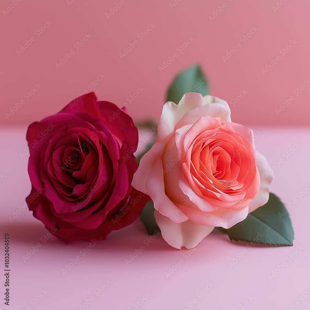 Close-up of pink and red roses on a soft pink background Close-up of pink and red roses on a soft pink background