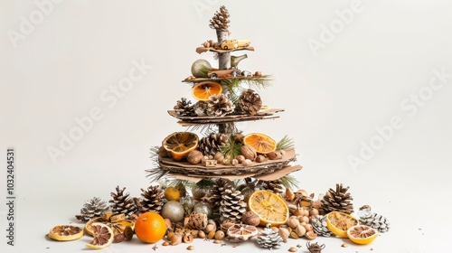 An eco-friendly Christmas tree made of recycled materials such as paper cardboard and glass bottles decorated with natural elements like pinecones and dried oranges isolated on white background photo