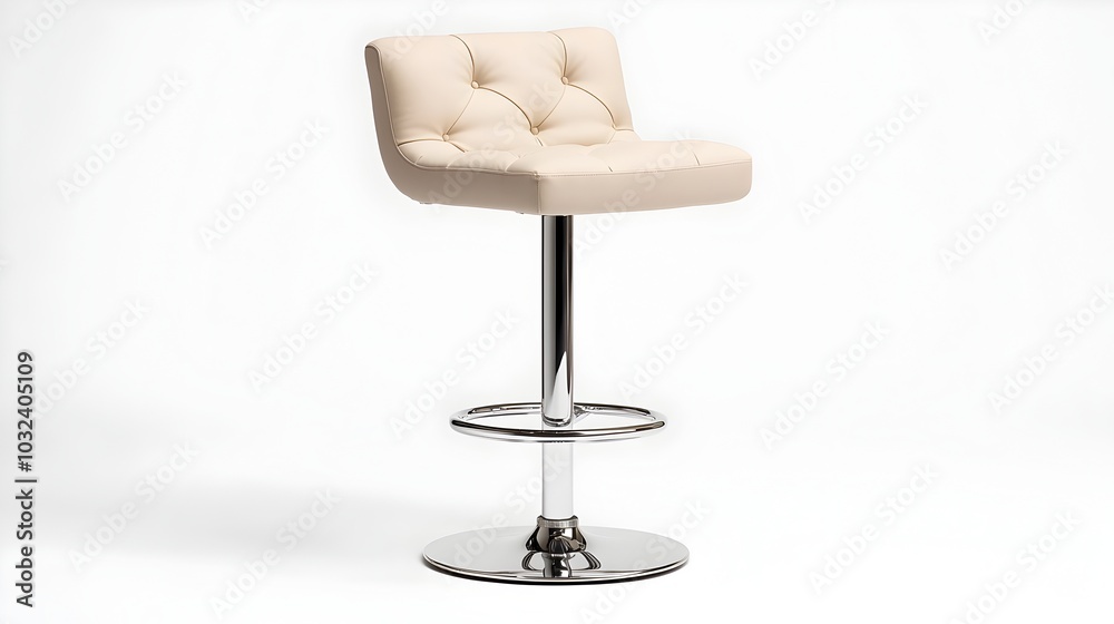 Sleek and modern chrome based bar stool with a padded seat on a clean white background captured in a wide angle studio shot showcasing the minimalist and contemporary furniture design Sleek and modern chrome based bar stool with a padded seat on a clean white background captured in a wide angle studio shot showcasing the minimalist and contemporary furniture design