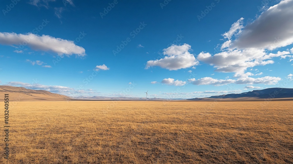 A vast, dry, brown field with rolling hills in the distance under a clear blue sky with fluffy white clouds. A vast, dry, brown field with rolling hills in the distance under a clear blue sky with fluffy white clouds.
